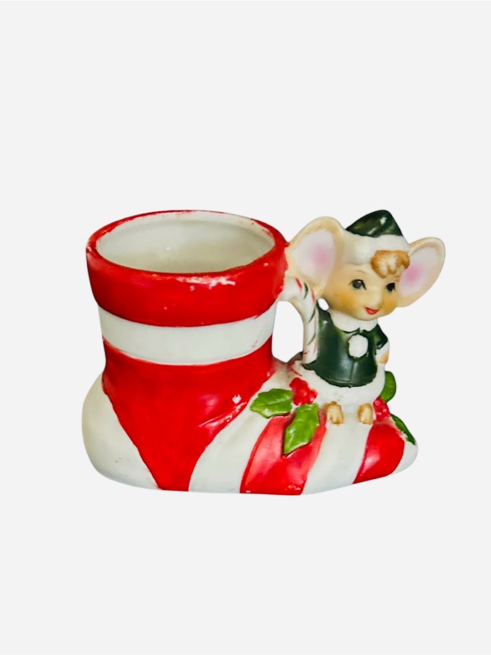 Vintage Christmas Sock Planter - Santa Boot Planter - Striped Boot Sock Planter